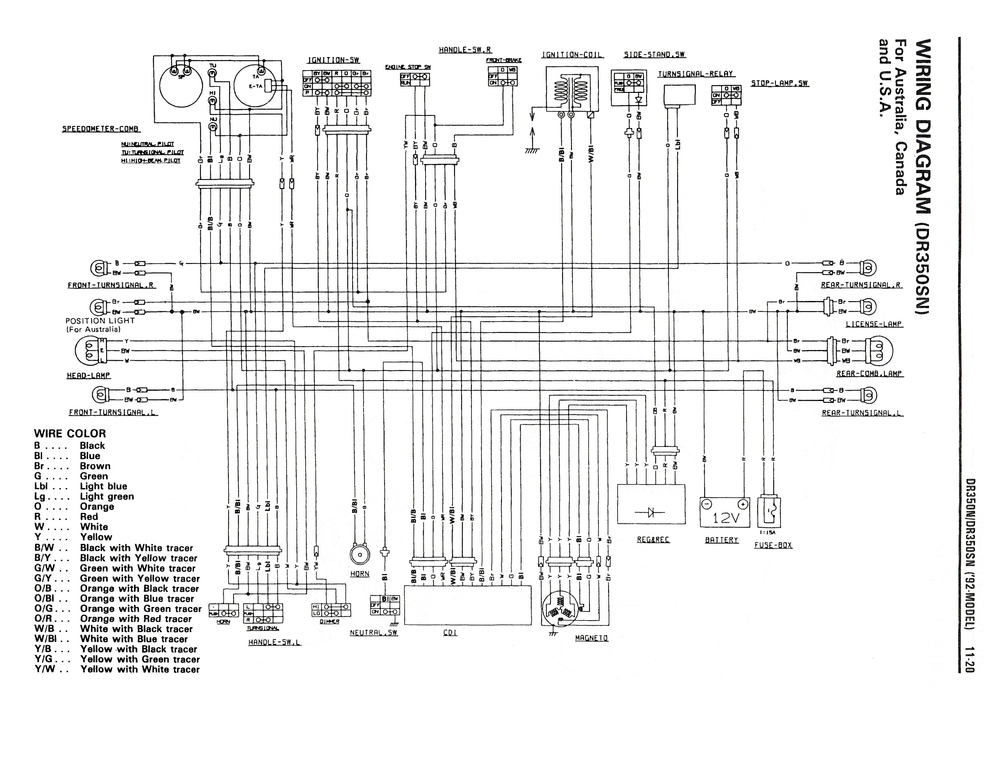Wiring diagram for the DR350 S (1992 and later models - Australia, Canada, USA)