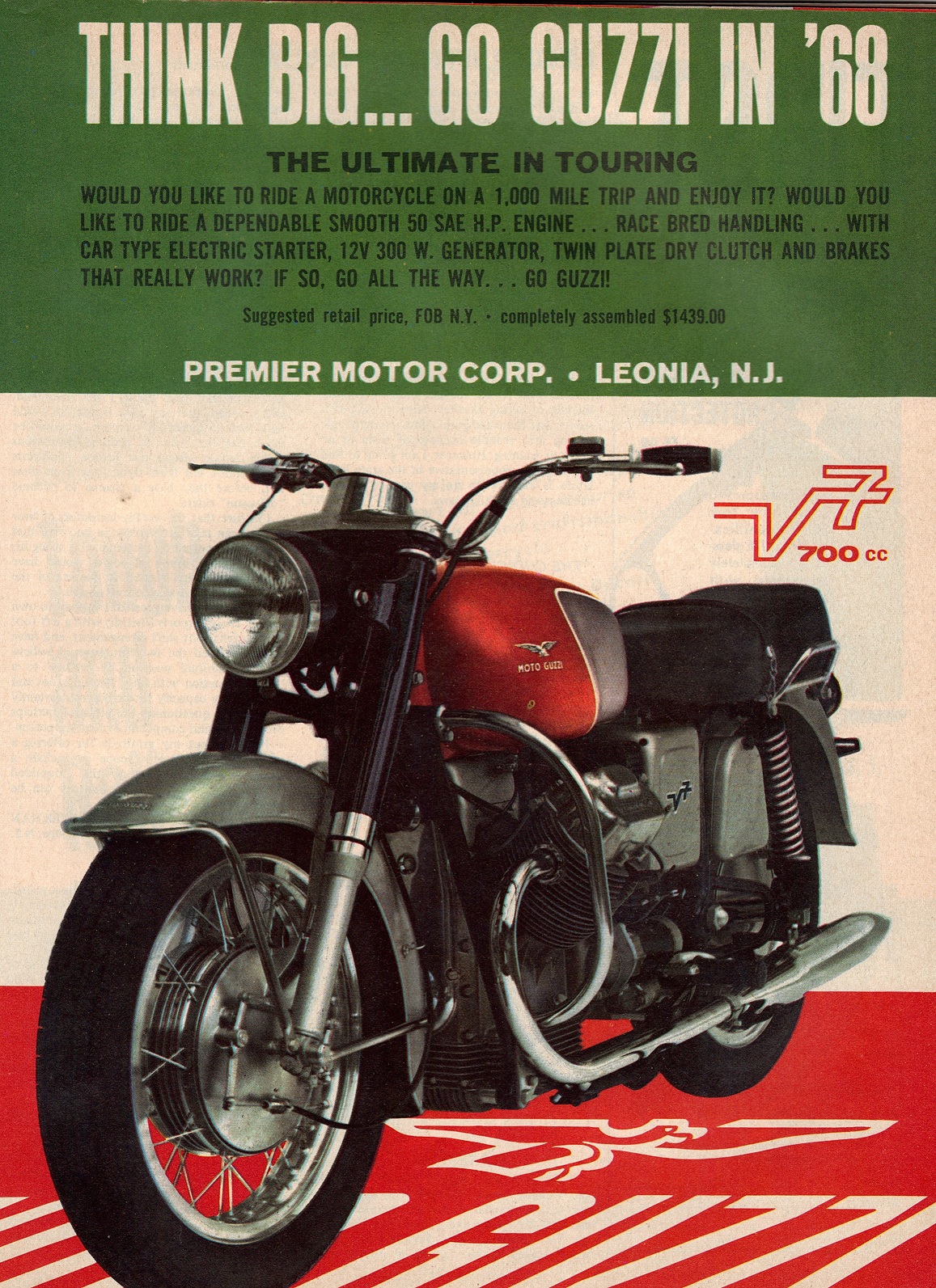 Moto Guzzi advertisement: Think Big...Go Guzzi in 68.