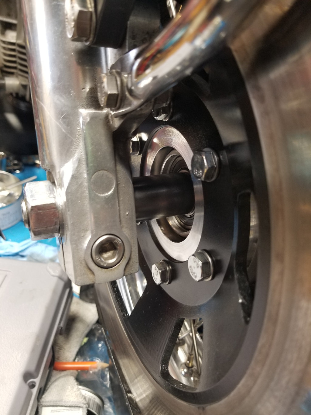 Disc brake spacer to add dual disc front brakes to Moto Guzzi V700, V7 Special, Ambassador, 850 GT, 850 GT California, Eldorado, and 850 California Police models.