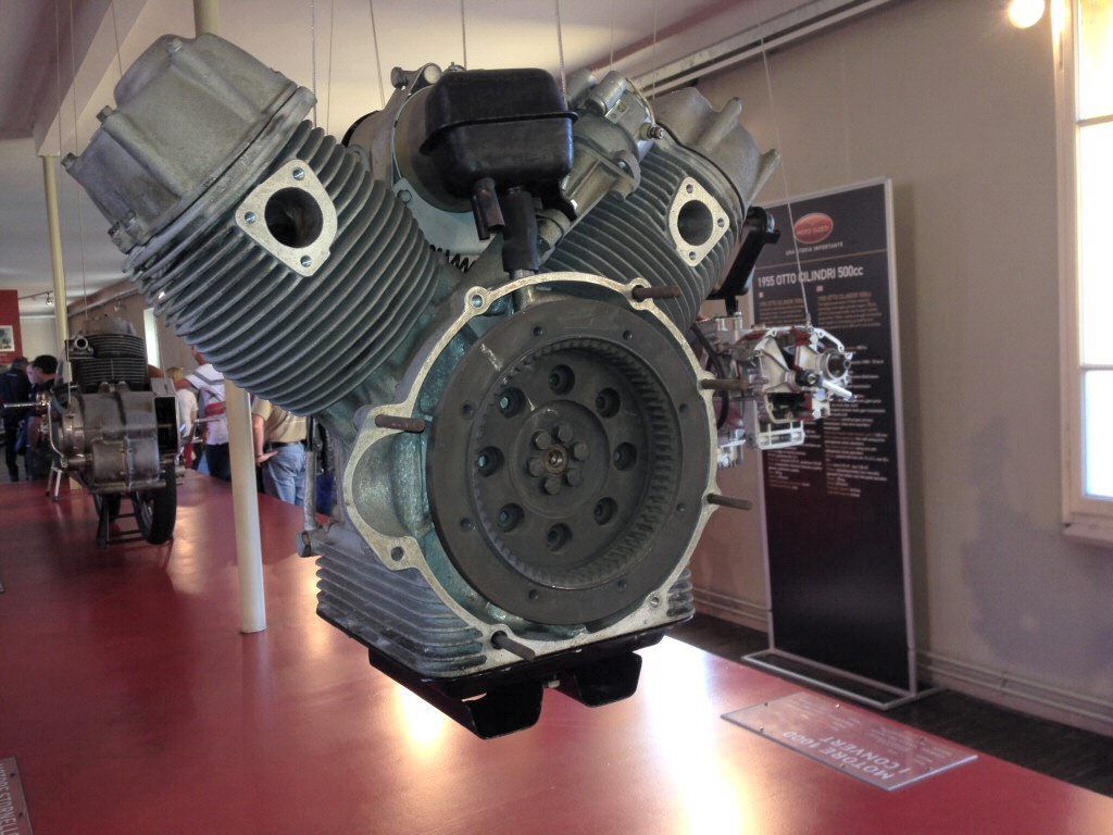 Very early Moto Guzzi big twin engine with an external oil filter. Engine displayed in the Moto Guzzi museum.