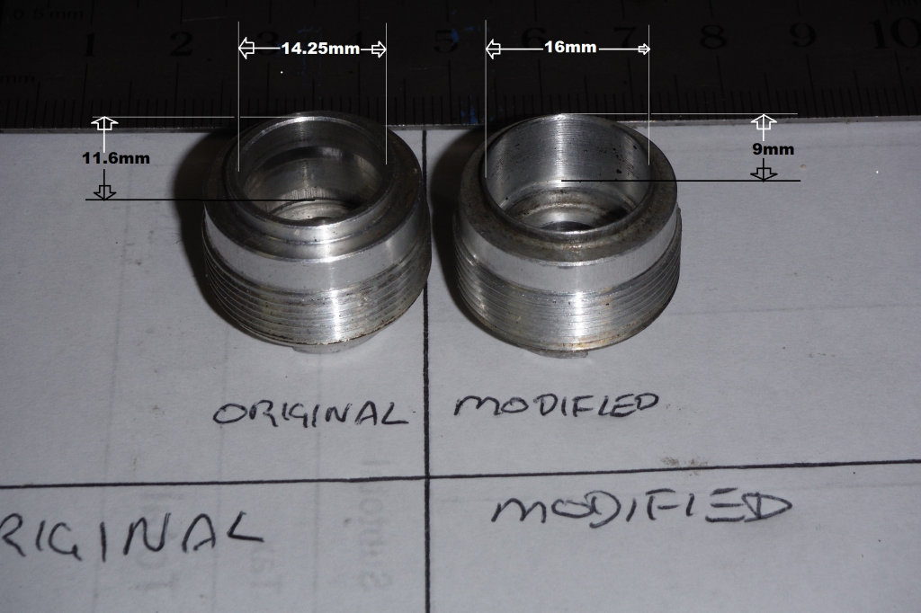 Original and modified caps. Modifying FAC dampers to accept Öhlins seals on Moto Guzzi motorcycles.