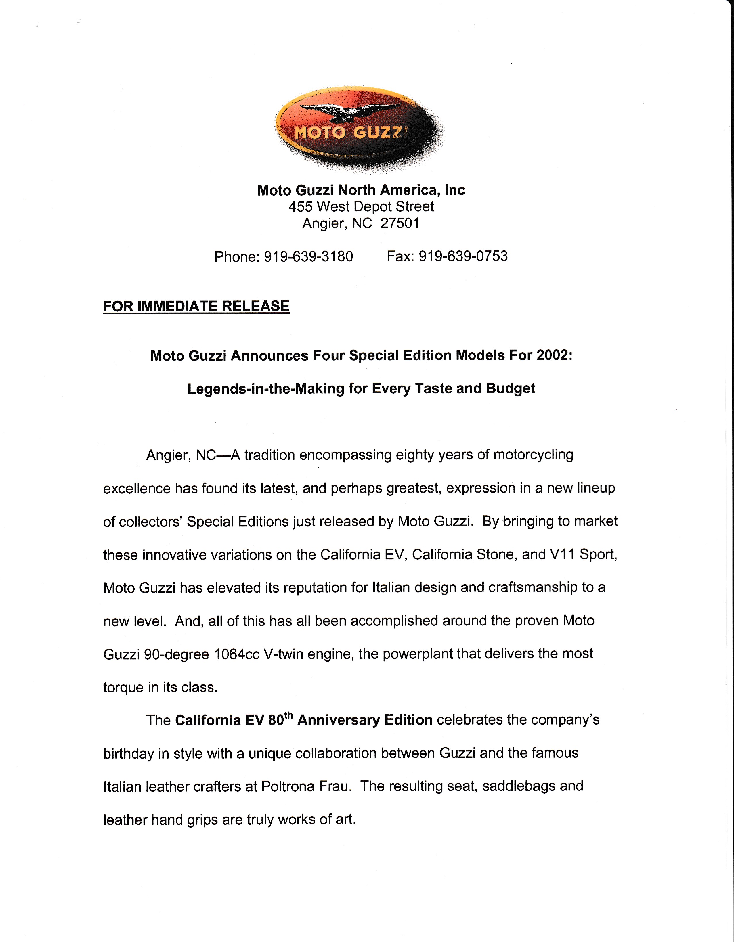 Press release - Four special edition models for 2002