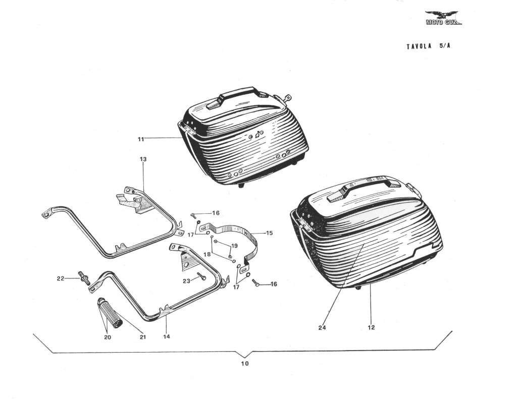 Original Moto Guzzi saddlebags as shown in the Ambassador and Eldorado Spare Parts Catalogs