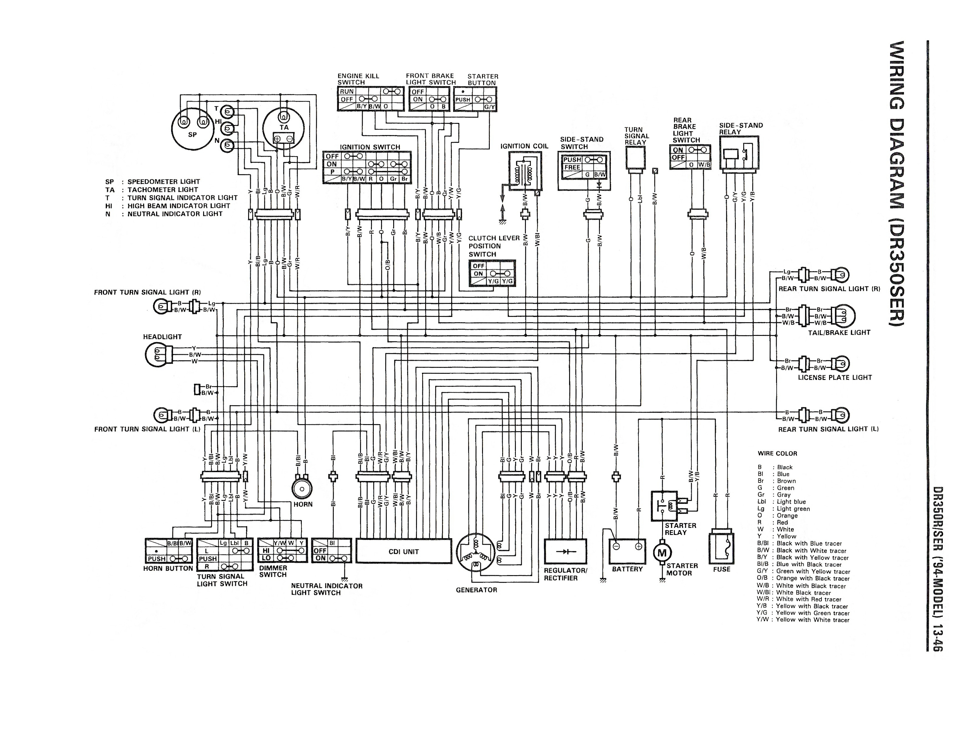 Wiring diagram for the DR350 SE (1994 and later models)