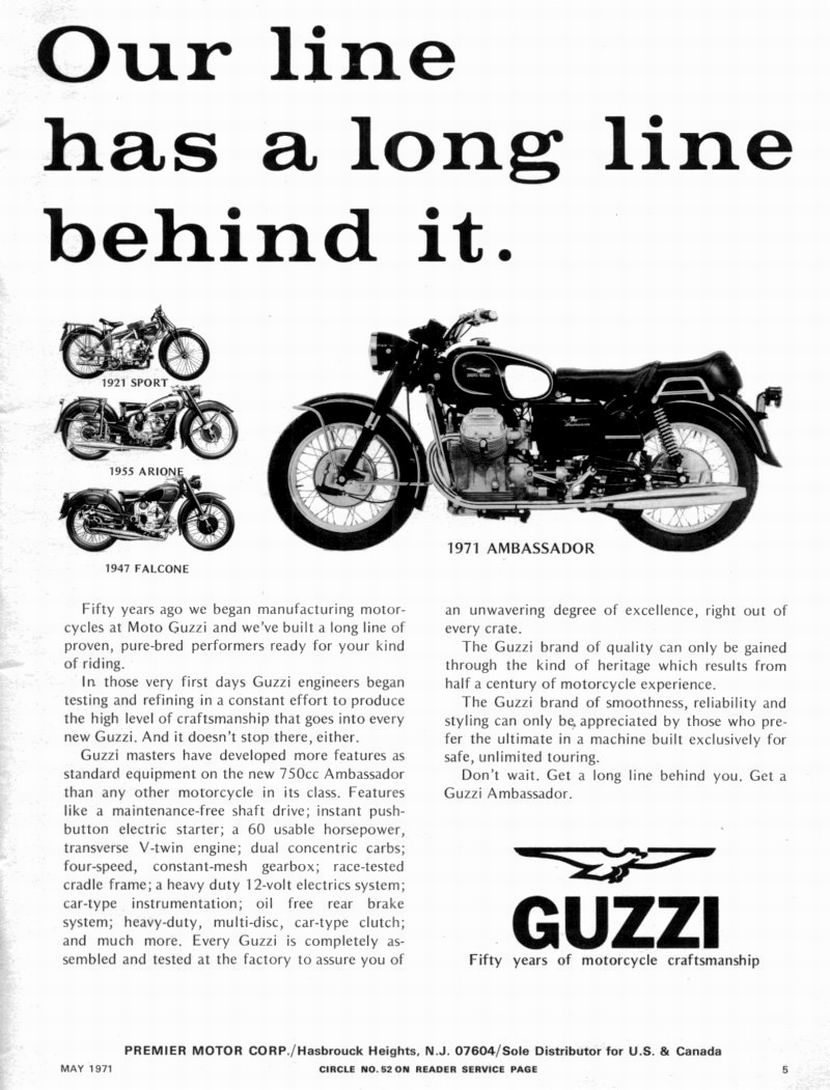 Moto Guzzi advertisement: Our line has a long line behind it. (1971 May).