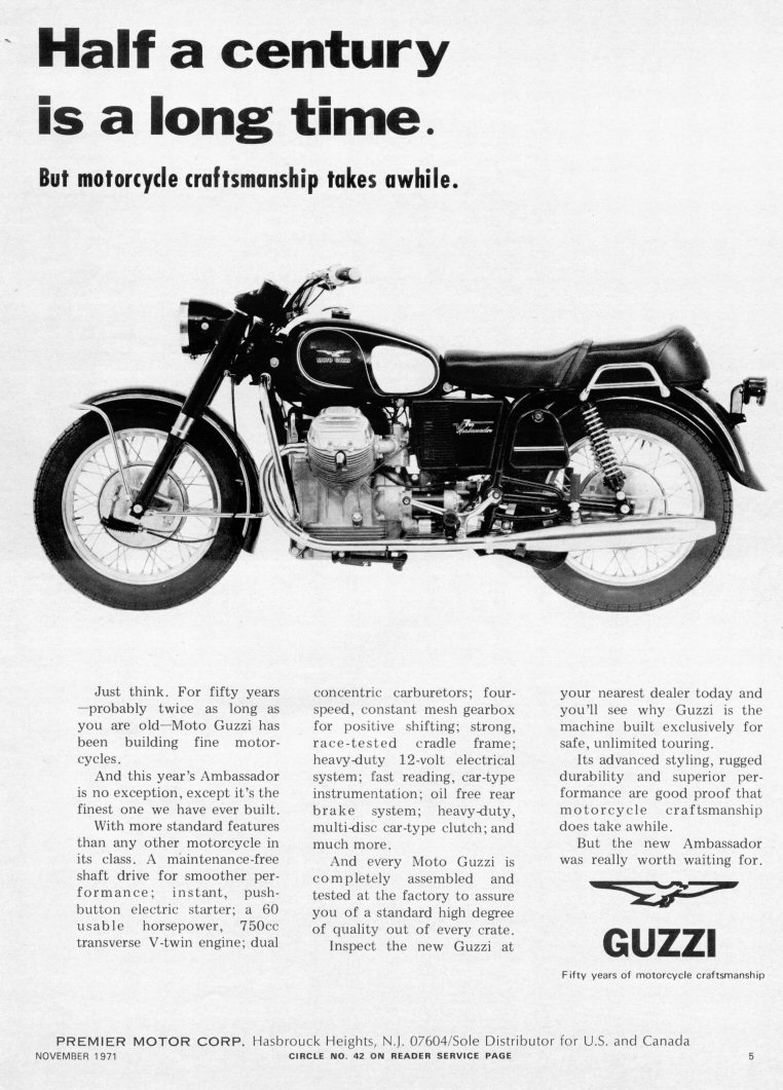 Moto Guzzi advertisement: Half a century is a long time. (1971 November)