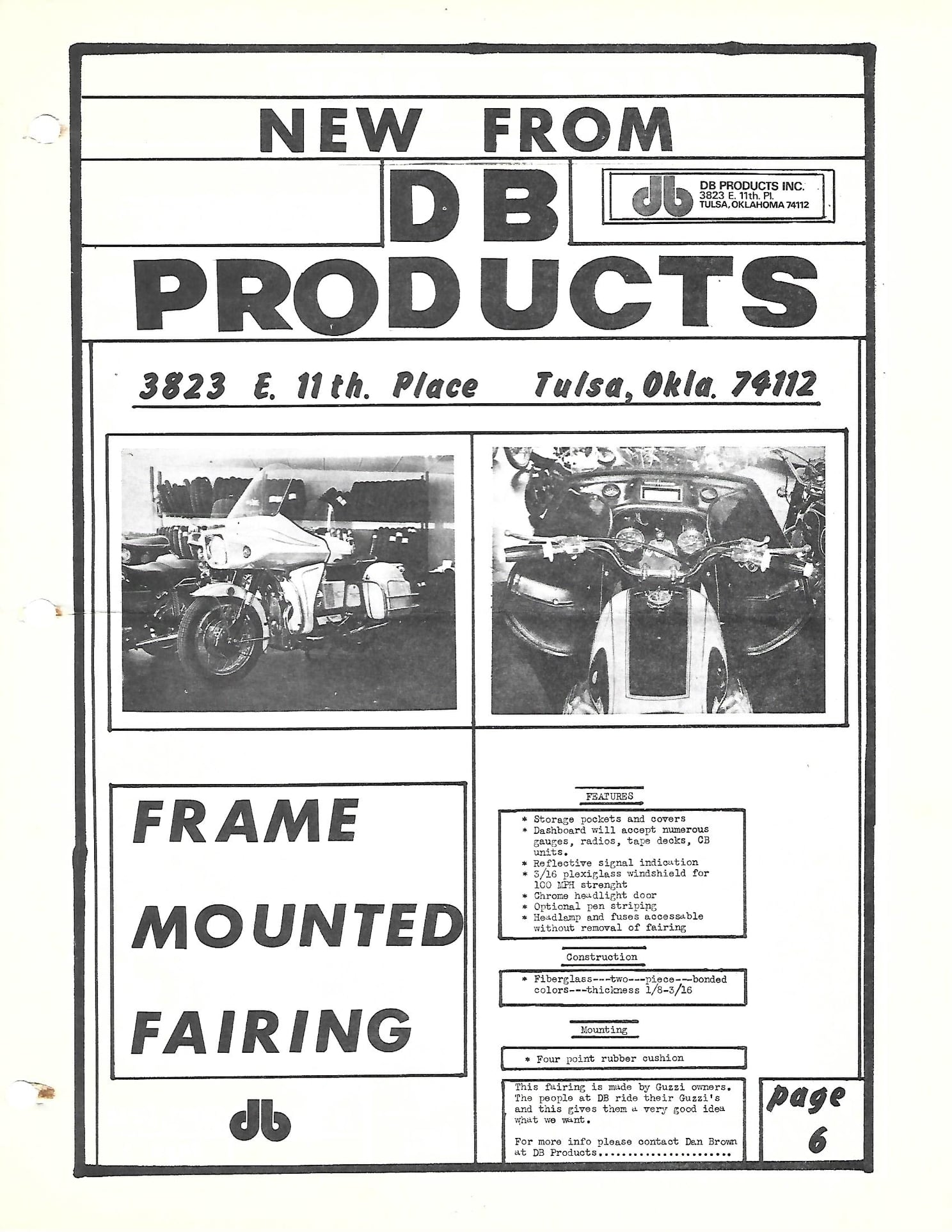 DB Products advertisement: Frame mounted fairing. Applicable to Moto Guzzi V700, V7 Special, Ambassador, 850 GT, 850 GT California, Eldorado, and 850 California Police models.