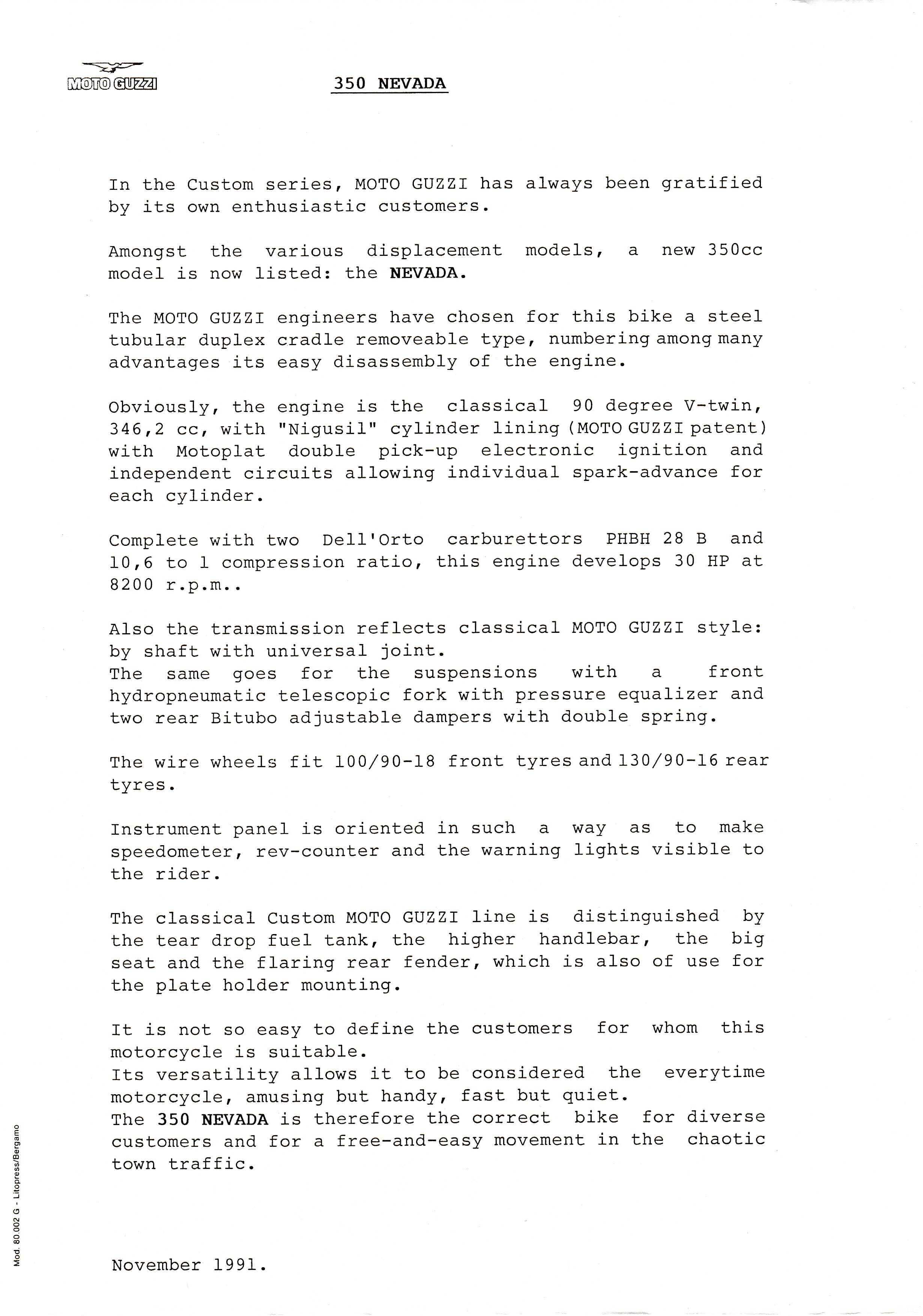 Press release - Moto Guzzi 350 Nevada (1991 November)
