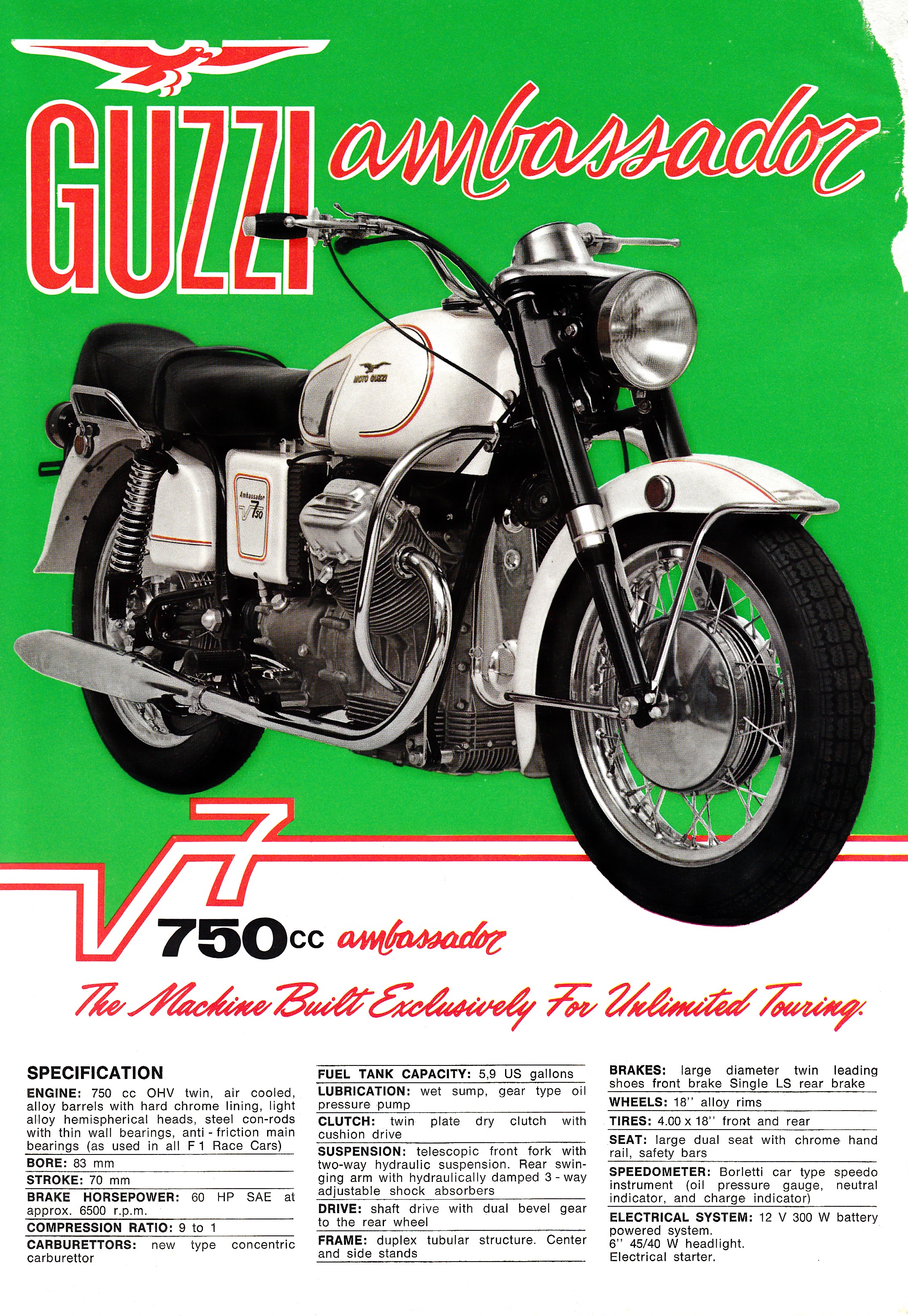 Moto Guzzi Ambassador Factory Brochure, Page 1 of 2.