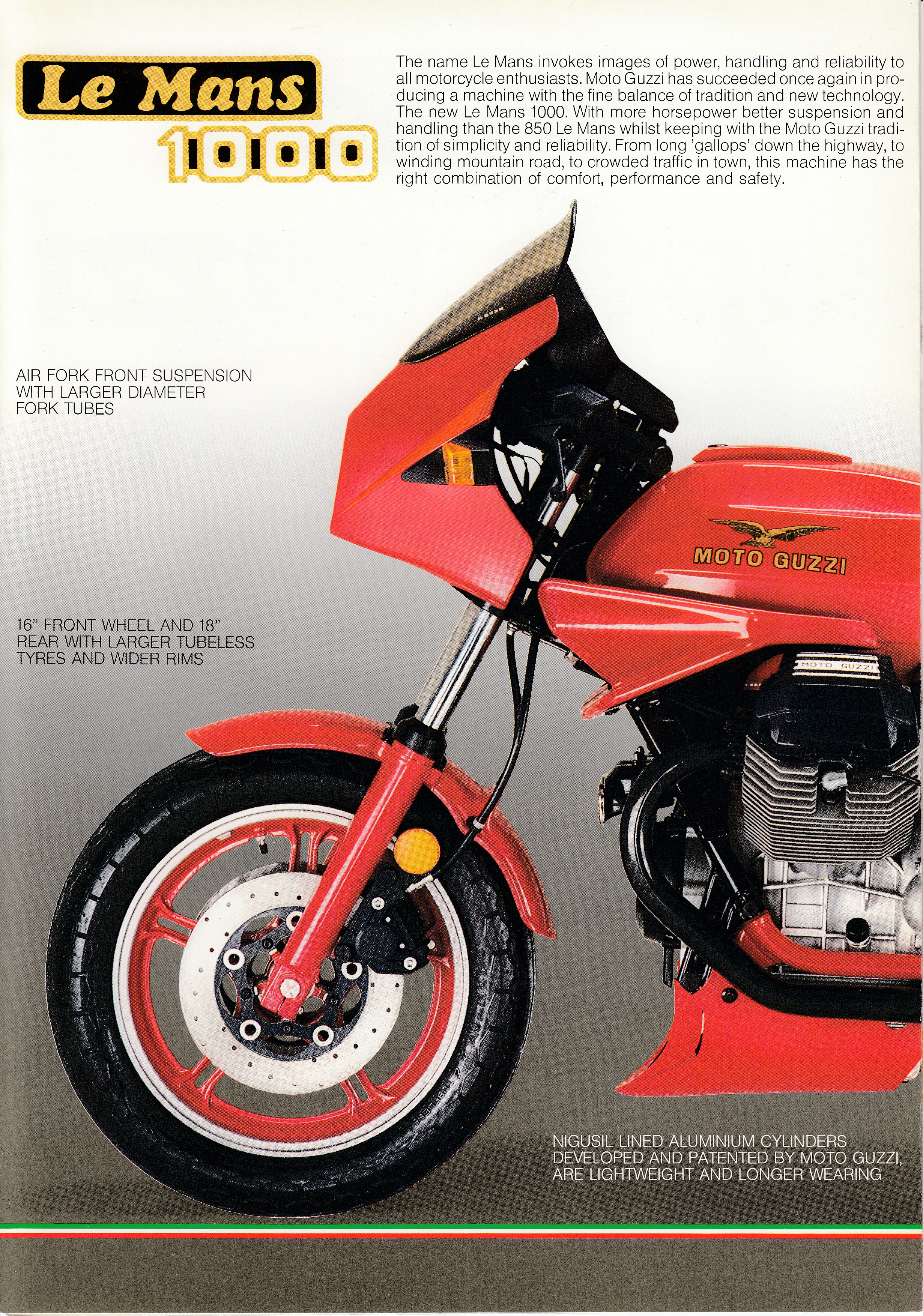 Brochure - Moto Guzzi Le Mans 1000 (red centerfold, wind tunnel on cover) [English]