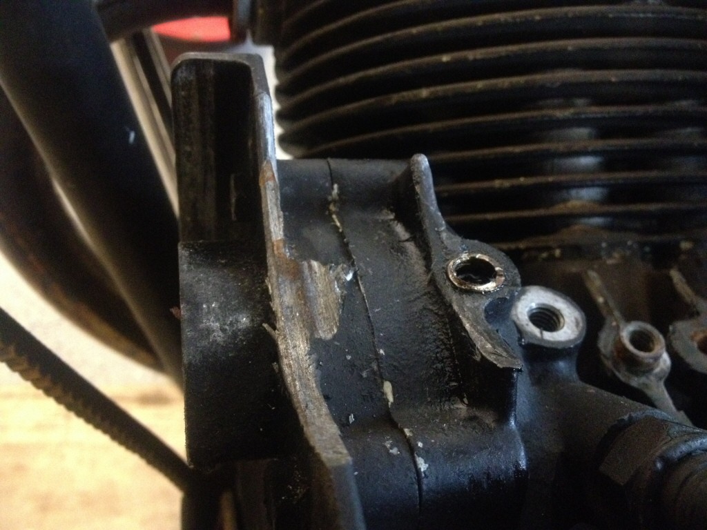 Crankcase damage due to a loose generator bracket, as found on Moto Guzzi V700, V7 Special, Ambassador, 850 GT, 850 GT California, Eldorado, and 850 California Police motorcycles.