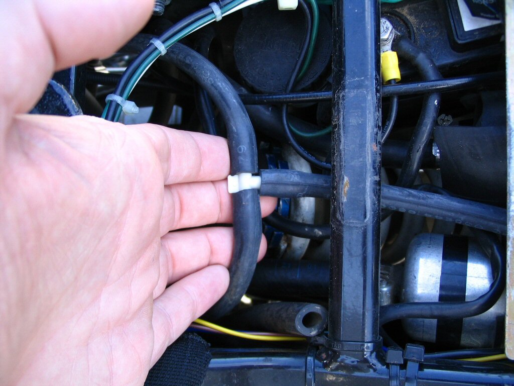 Close up of T connection. Installing a cruise control on a Moto Guzzi Quota 1100 ES.