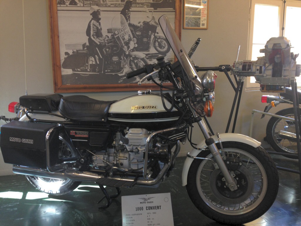 Moto Guzzi V1000 I-Convert configured for service at the Moto Guzzi factory museum. Check out the picture on the wall behind it.