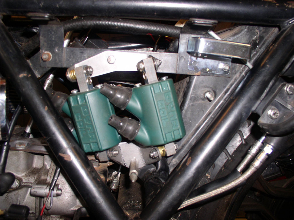 Bracket for mounting Dyna coils on a Moto Guzzi Tonti frame motorcycle.