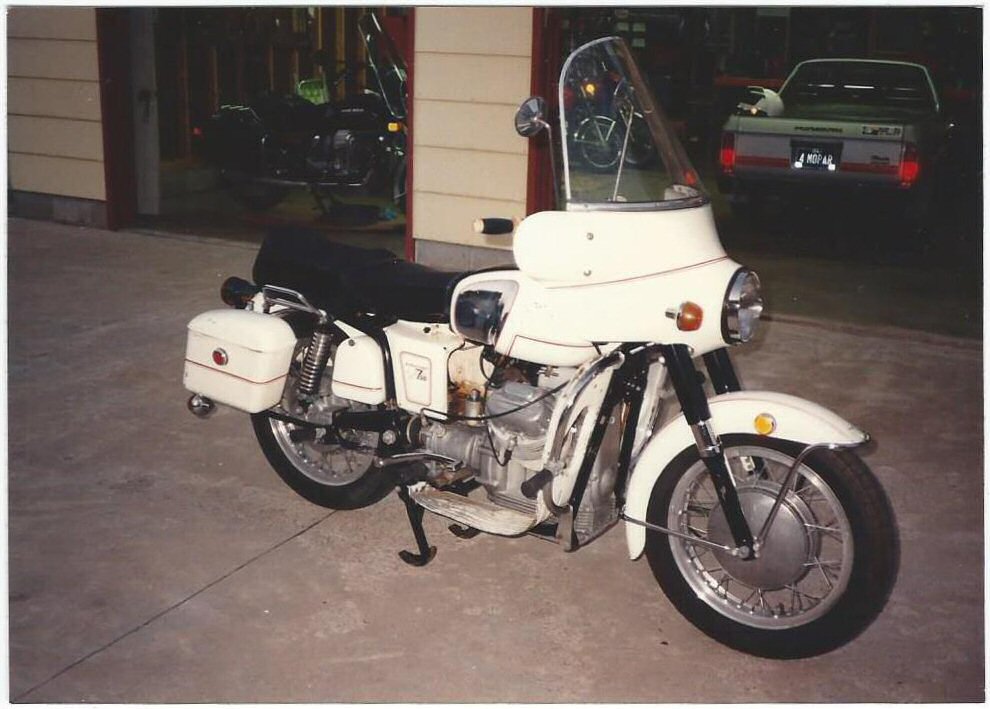 Moto Guzzi polizia fairing mounted to an A-series Ambassador.