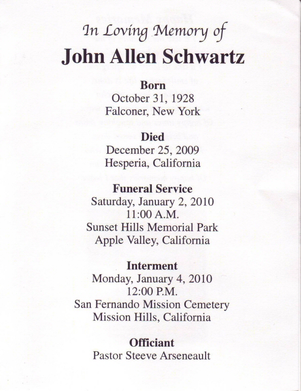 John Allen Schwartz funeral program, page 3.