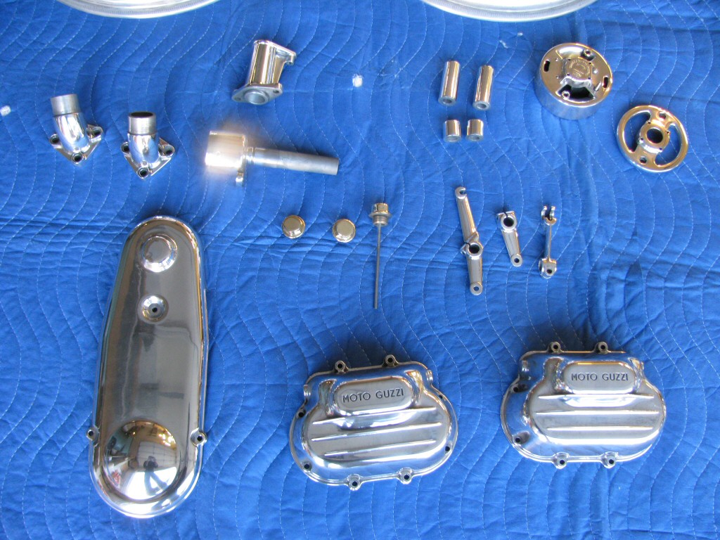Polished aluminum and rechromed steel parts.