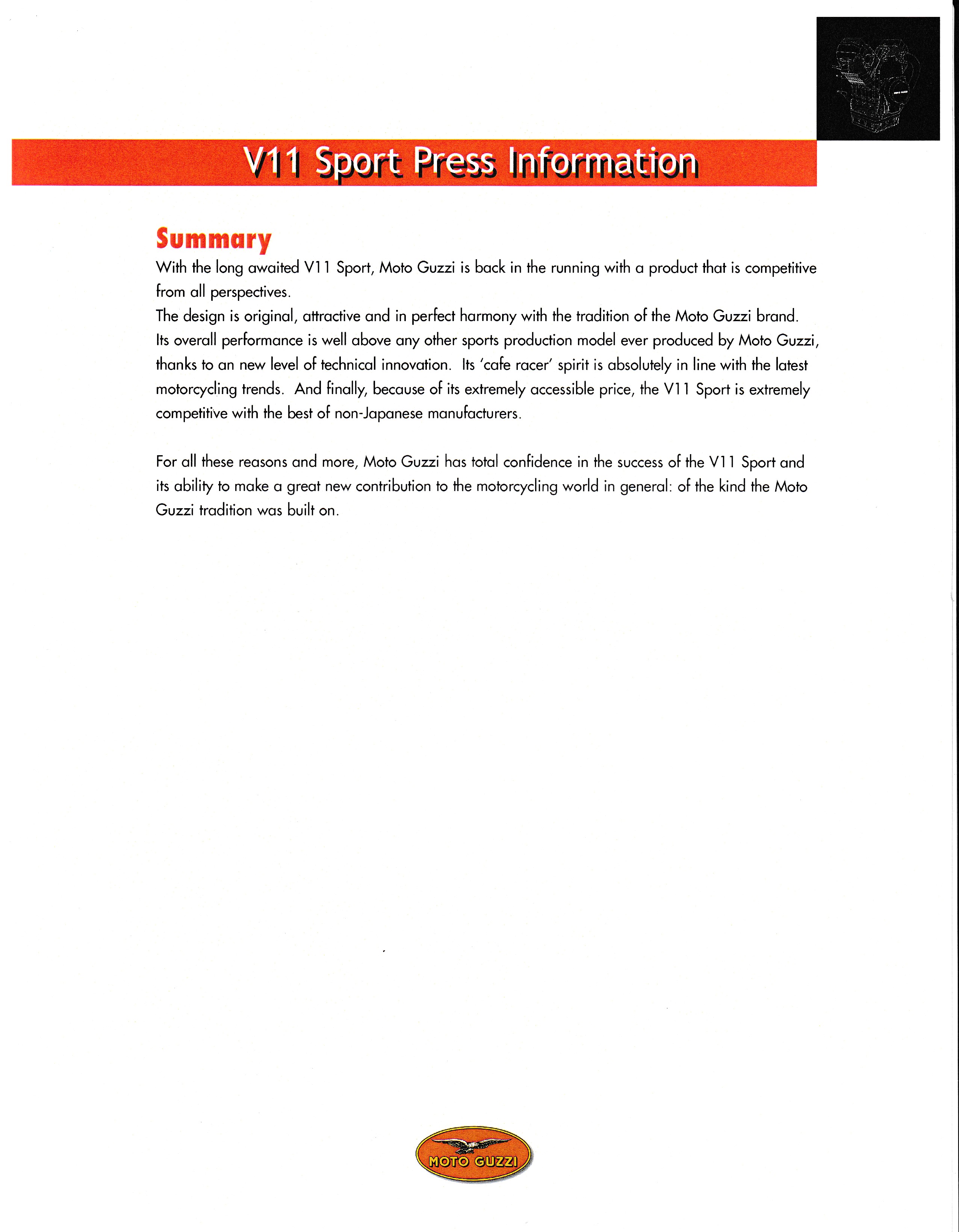 Press release - Moto Guzzi V11 Sport press kit and test bike scheduling (2000 June 07)