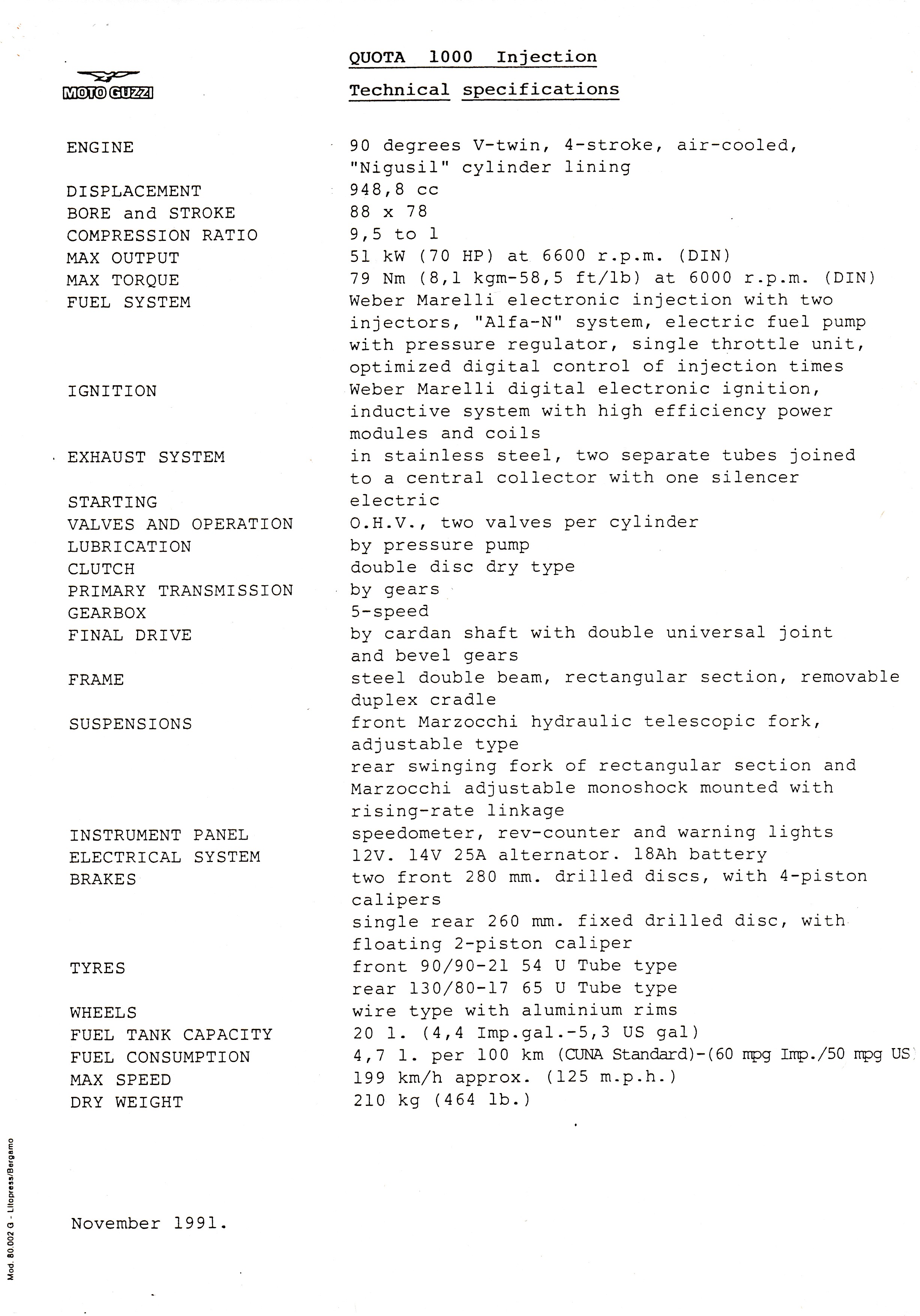 Press release - Moto Guzzi Quota 1000 technical specifications (1991 November)