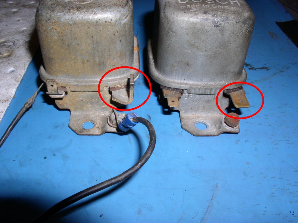 D+ terminals circled. Later Bosch voltage regulator on the left; early Bosch voltage regulator on the right.