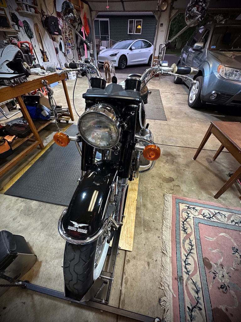 Modifying a motorcycle wheel chock to work with a Moto Guzzi motorcycle.